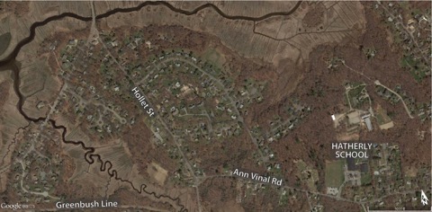 This figure is an aerial photo showing the Hatherly School and its nearby neighborhood.